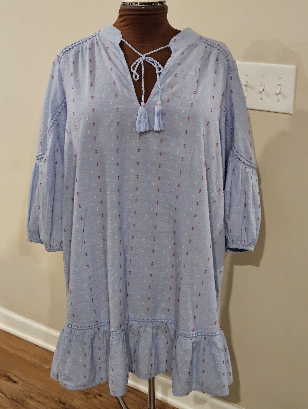 Crown & Ivy Light Blue Tassel Tie Peasant  Summer Dress 4X